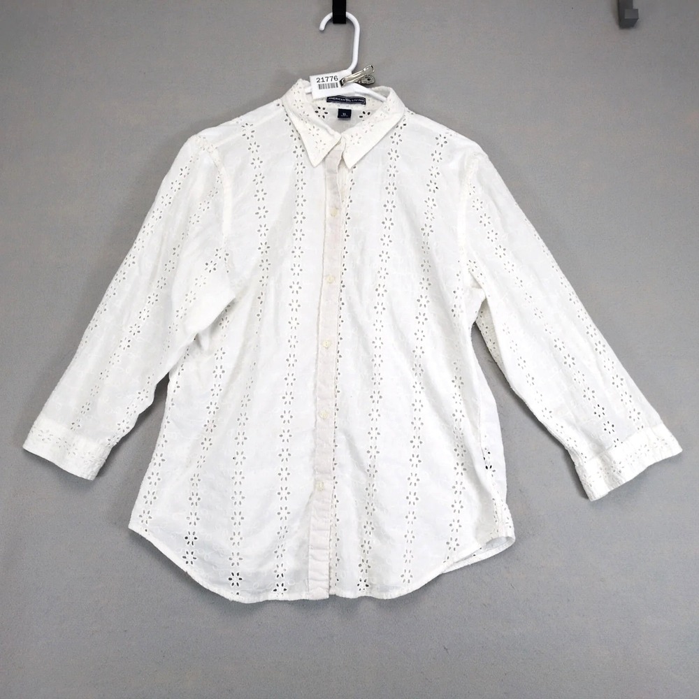 American‎ Living White Eyelet Lace Button-Up Blouse Womens XL Cotton Embroidered